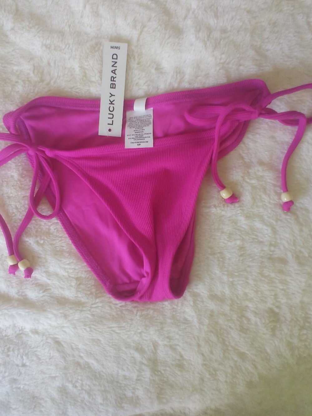 LUCKY BRAND 2-PC Swim Bikini Hot Pink Fuchsia🌷 w/Ivory Beads on Ties (S) NWT - Picture 3 of 5